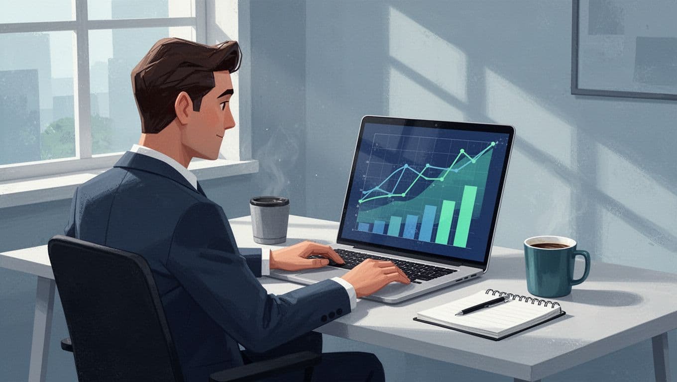 Person views laptop screen showing charts for downloads, listeners, and subscribers in cozy home office with coffee mug and notebook.