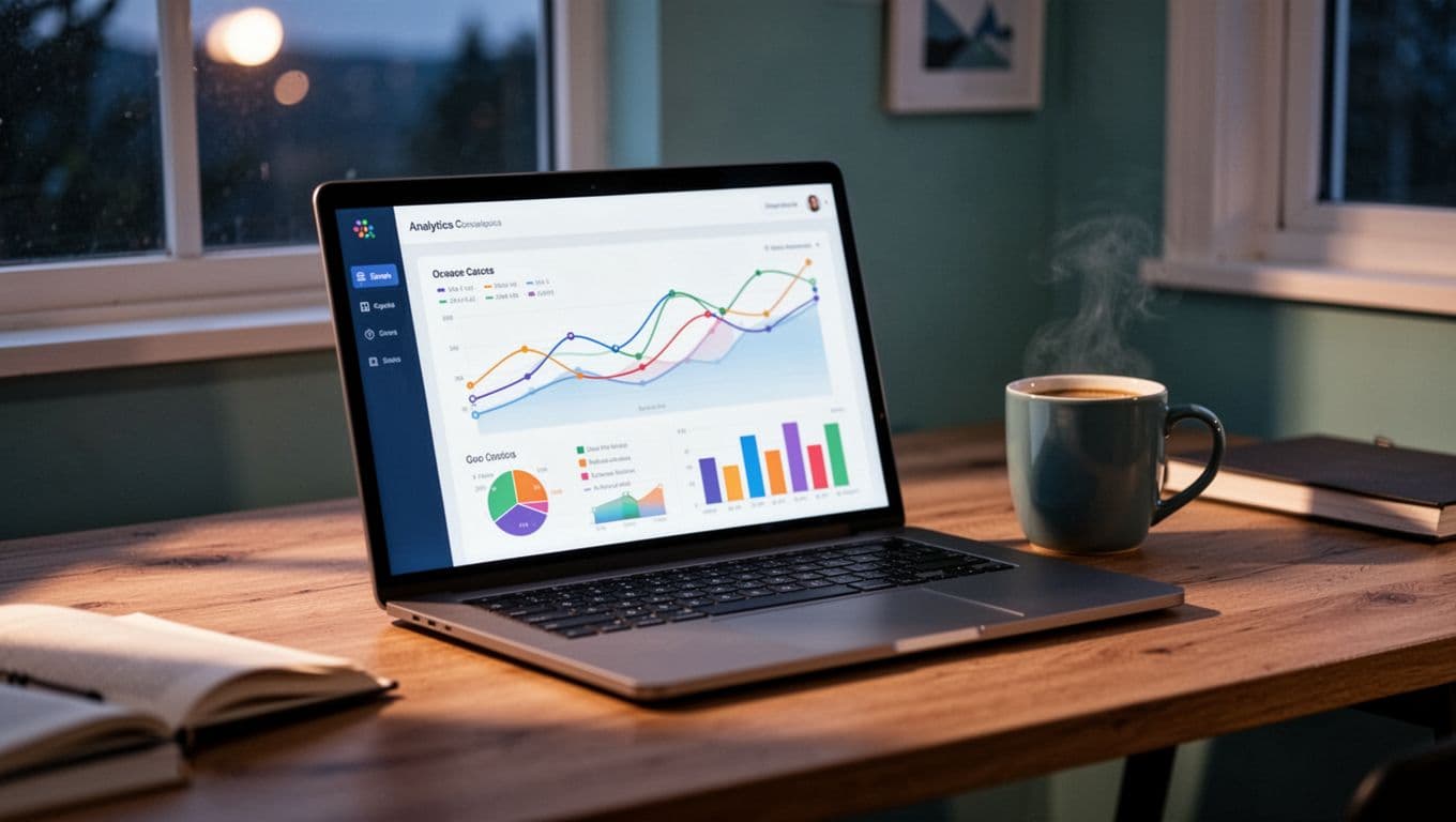 Laptop screen shows podcast analytics dashboard with listener growth graphs, top episodes bar chart, and download trends line in cozy home office.