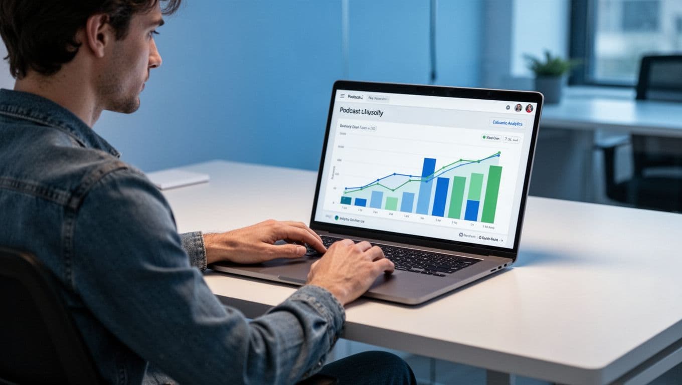 Person at modern desk views podcast analytics graphs on laptop screen showing listener growth and episode performance.