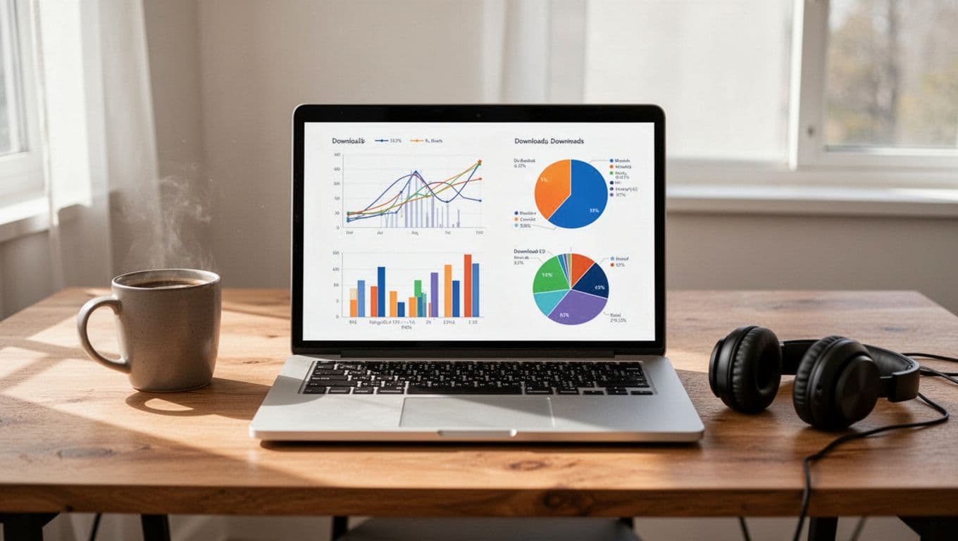 Laptop on wooden desk displays podcast dashboard with line charts, bar graphs, and pie charts; coffee mug and headphones nearby in natural light.