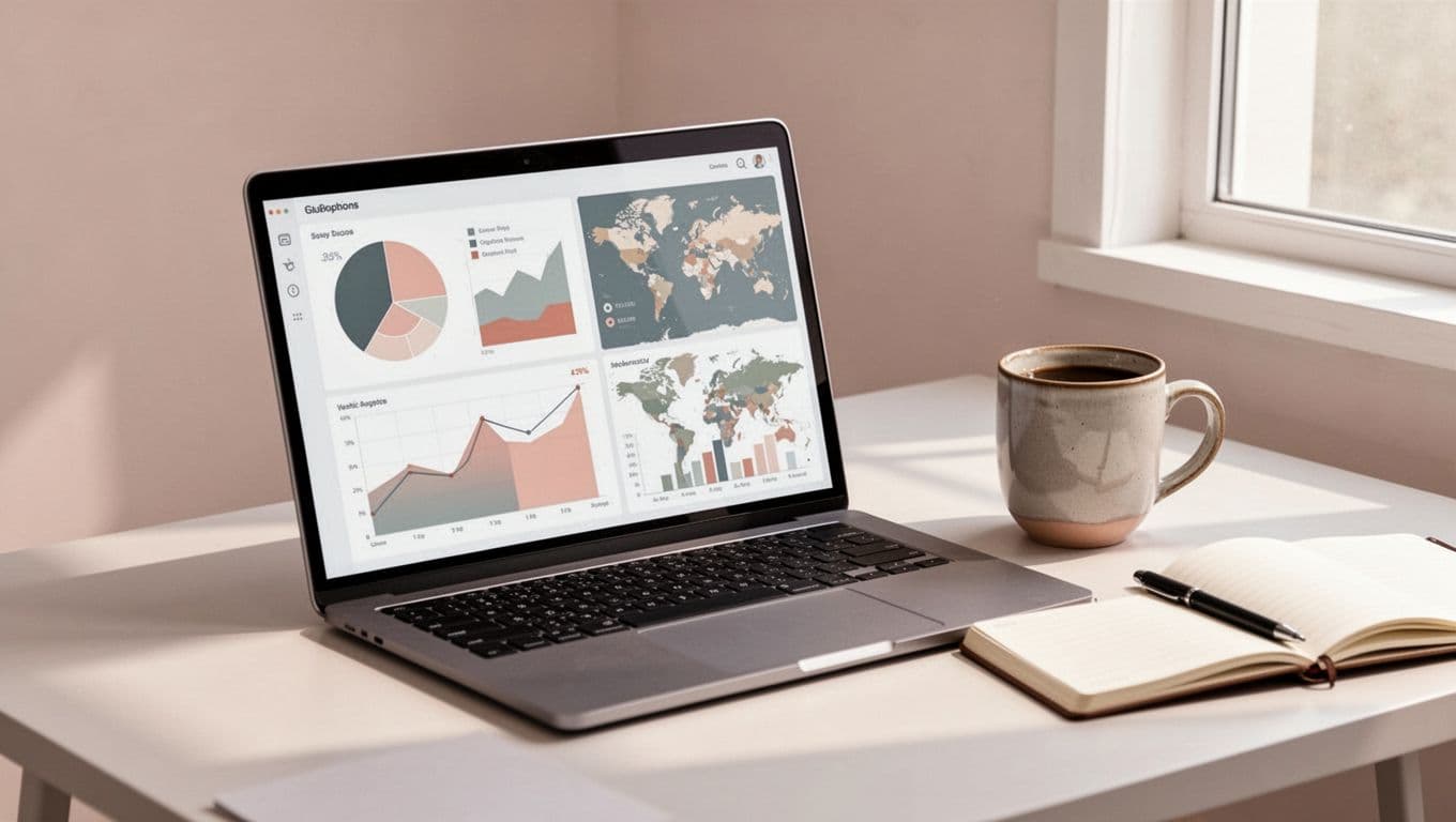Laptop screen displays podcast analytics dashboard with download graphs, listener maps, and charts on desk with coffee mug and notebook.