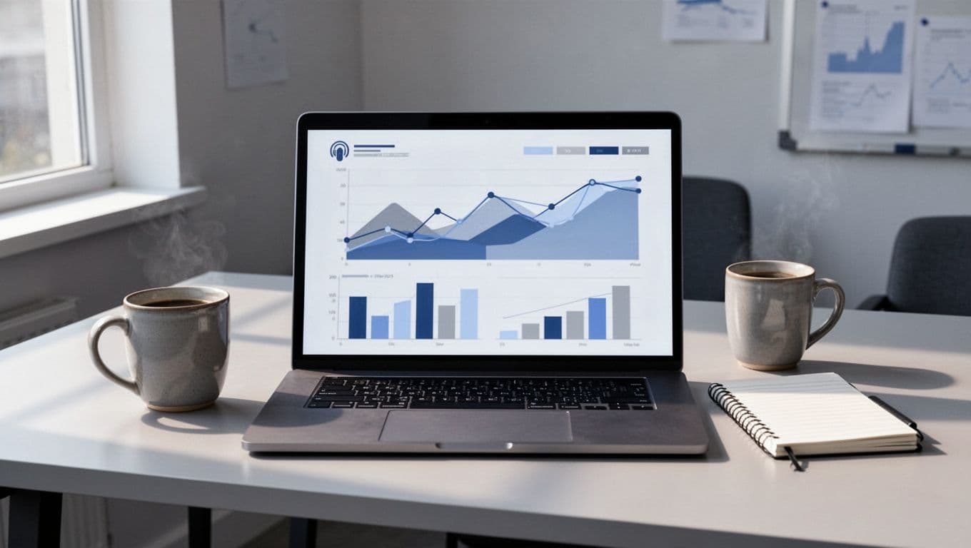 Laptop screen shows podcast analytics charts, listener stats, and download graphs on office desk with coffee mug and notebook.