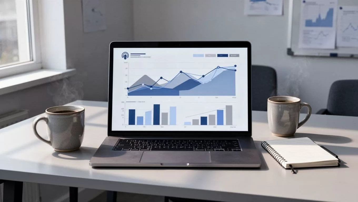 Laptop screen shows podcast analytics charts, listener stats, and download graphs on office desk with coffee mug and notebook.