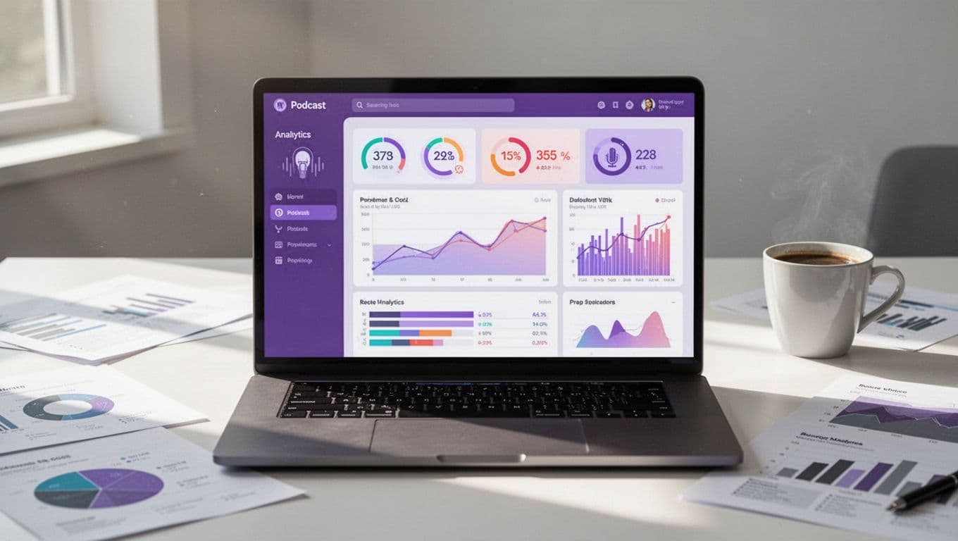 Modern illustration of a laptop screen displaying podcast analytics including listener counts and engagement, on an office desk with charts and coffee in bright daylight, using clean shapes in purple and gray tones.