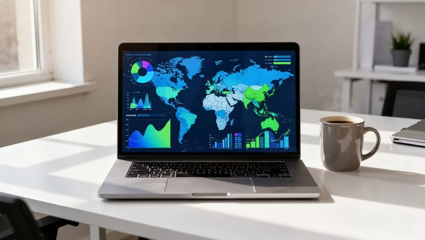 Laptop screen displays podcast analytics with download charts, listener map, and episode stats on office desk beside coffee mug.