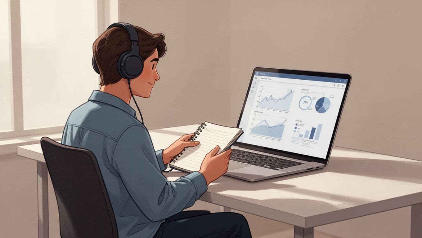 Person at desk reviews vague graphs on angled laptop screen, wearing headphones with notebook nearby.