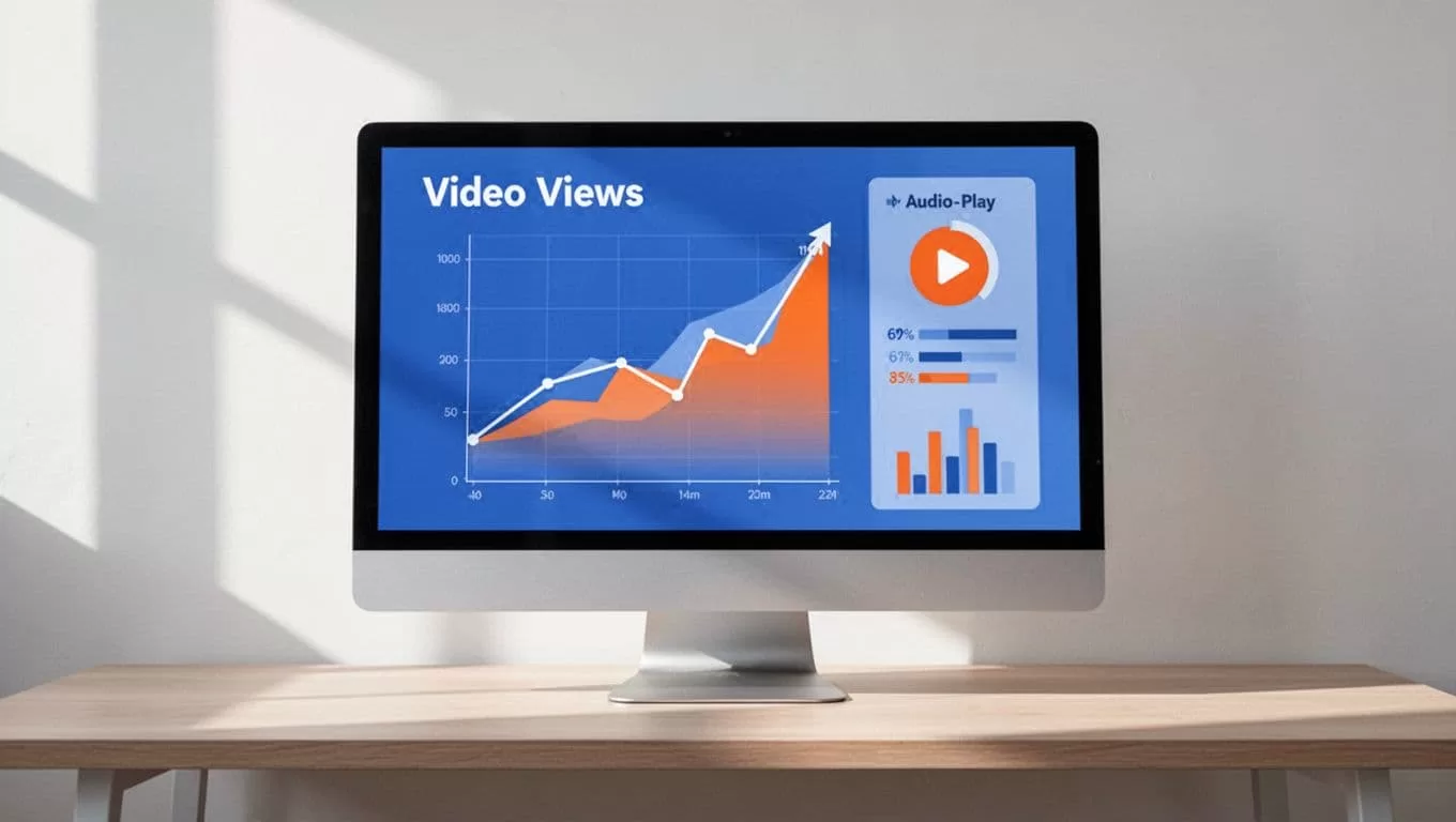 Modern illustration of a clean dashboard displaying podcast analytics, featuring a rising video views graph alongside audio plays charts on a desk with soft lighting.