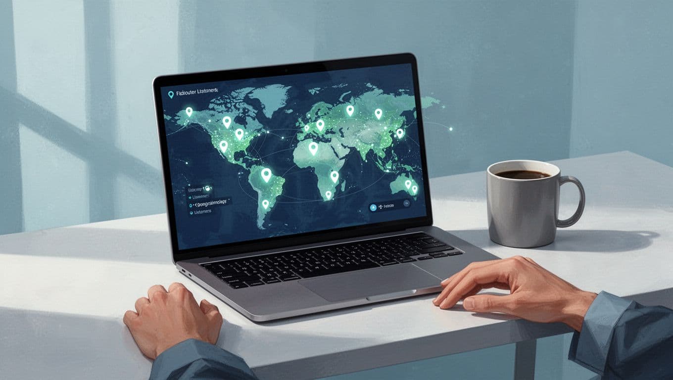Laptop on desk with coffee mug shows abstract dashboard of world map with glowing listener pins.