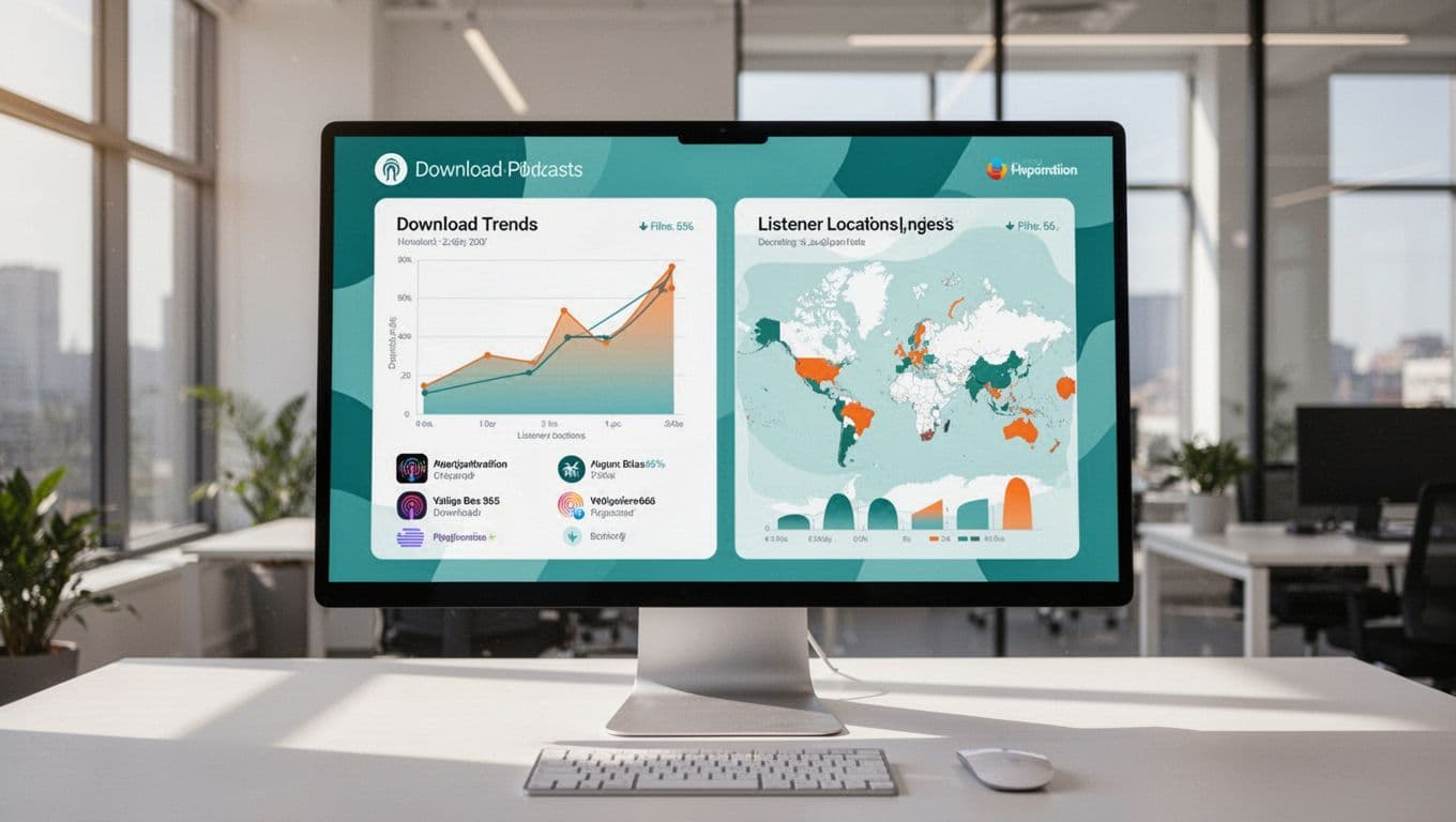 Illustration of podcast analytics charts displaying download trends and listener locations for multiple shows on a desktop computer screen in a bright office setting.