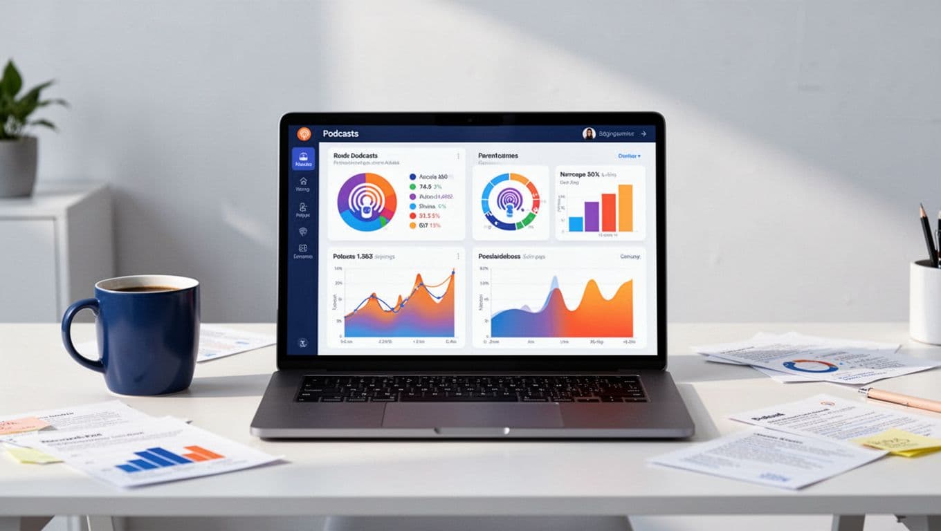 Centered laptop shows team dashboard with charts for multiple podcasts, coffee mug and notes nearby.