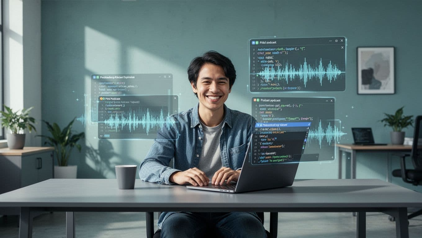 Person at desk views screen with API script uploading multiple podcast episodes amid floating audio waveforms.