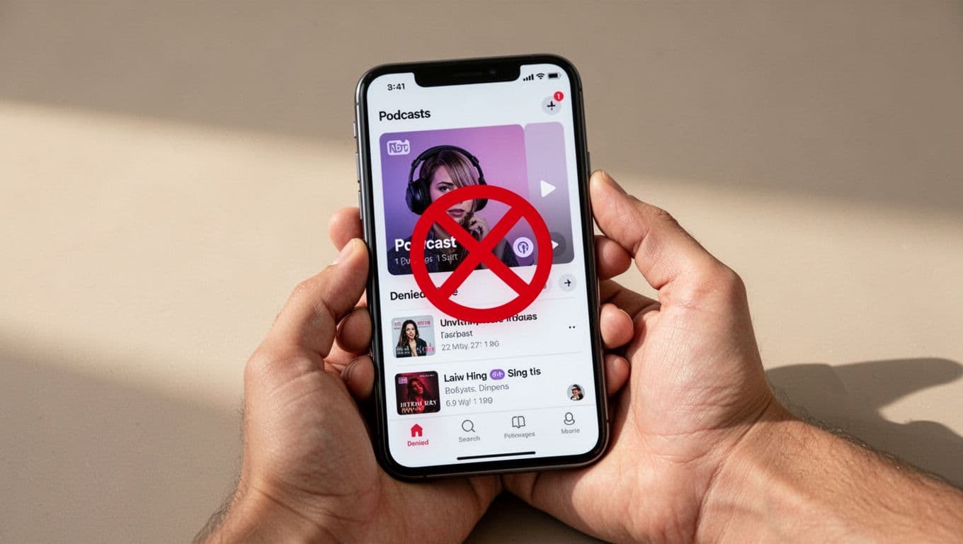 Close-up of smartphone screen in podcast app showing private feed with access denied overlay, held in hand.