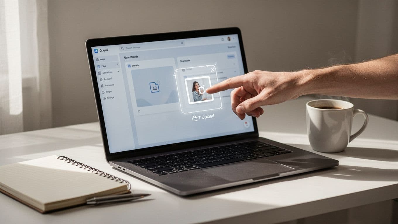 Laptop screen shows podcast dashboard with relaxed hand dragging square image icon to upload area on clean desk with notebook and coffee mug.