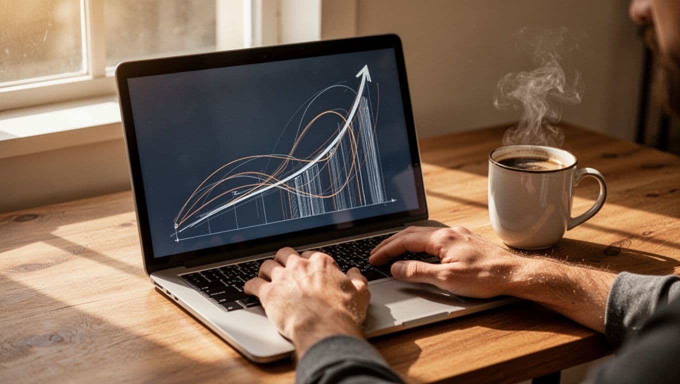 Upward trending graphs on multiple charts depict podcast audience growth on a desk with laptop, coffee mug, and resting hands.