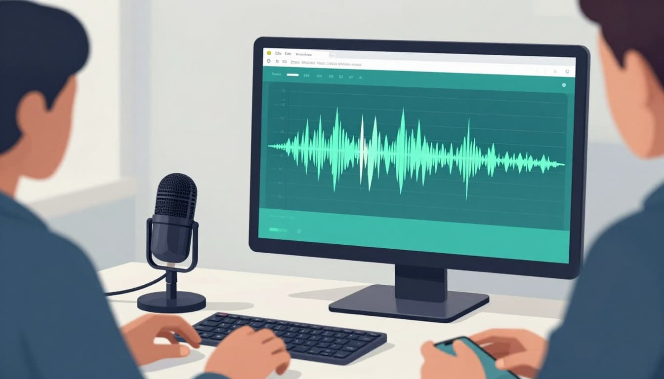 Modern illustration of a podcast microphone on a desk next to a laptop screen displaying AI-generated short video clips emerging from a long waveform audio file in a clean office setting, with one person reviewing on a phone in the background.