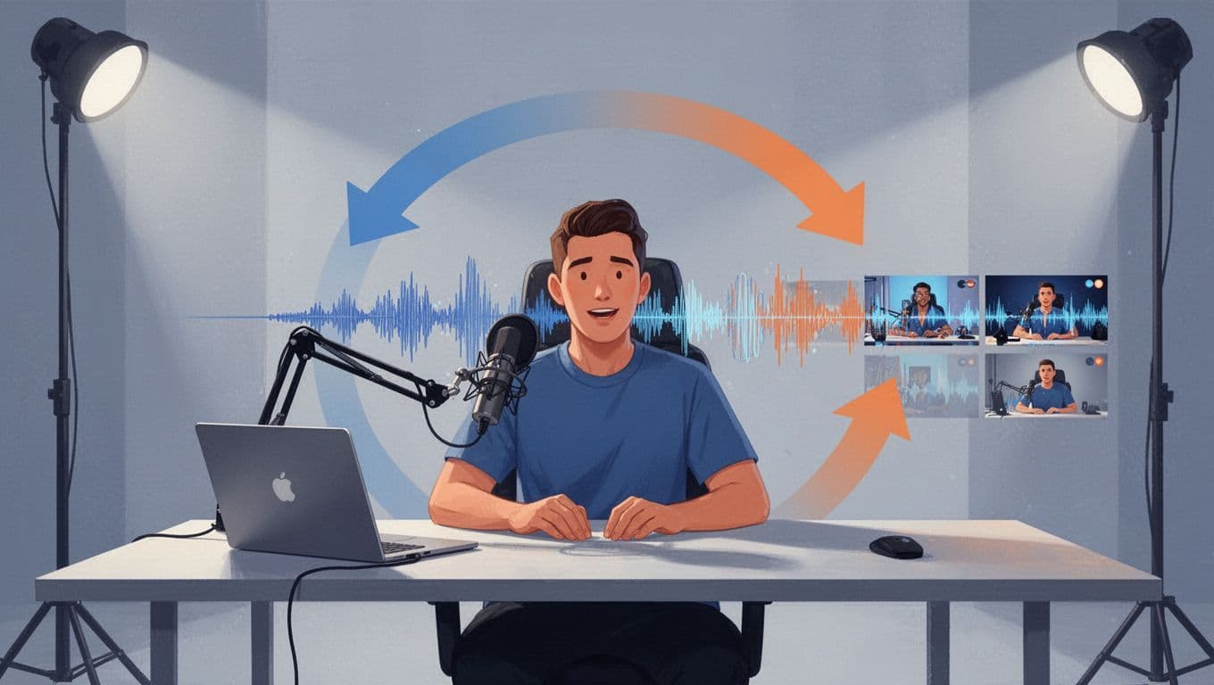 Modern illustration of a podcaster at a desk with microphone and laptop screen displaying audio waveform transforming into short video clips, featuring workflow arrows in a blue and orange palette.