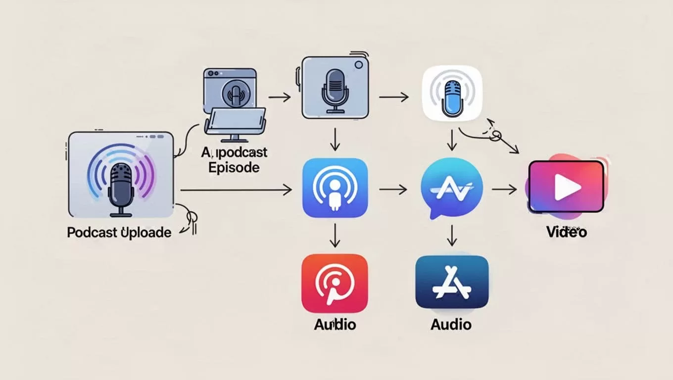 Flowchart shows podcast upload to Transistor.fm with arrows to icons for Spotify, Apple Podcasts, YouTube, and RSS feeds.