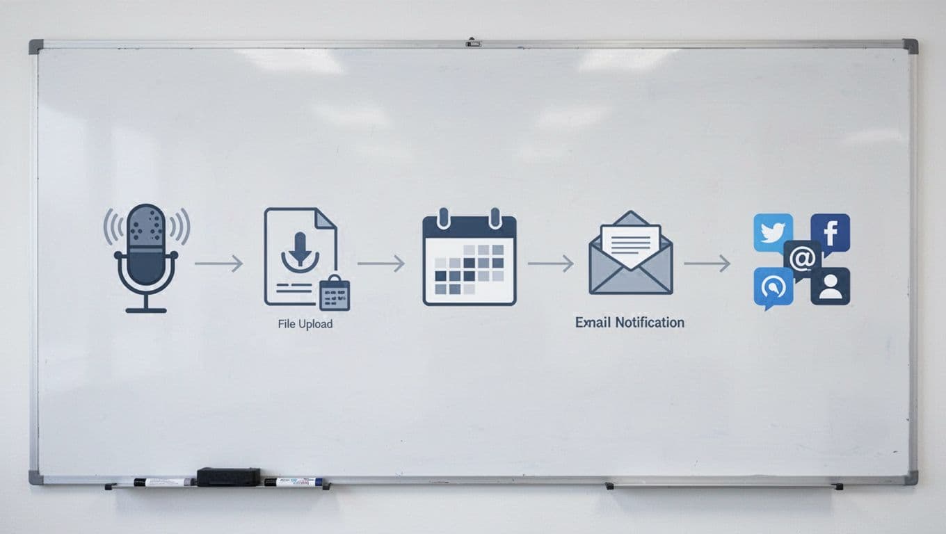 Icon flowchart on whiteboard shows podcast process from microphone recording through upload, calendar, email to social media posts.