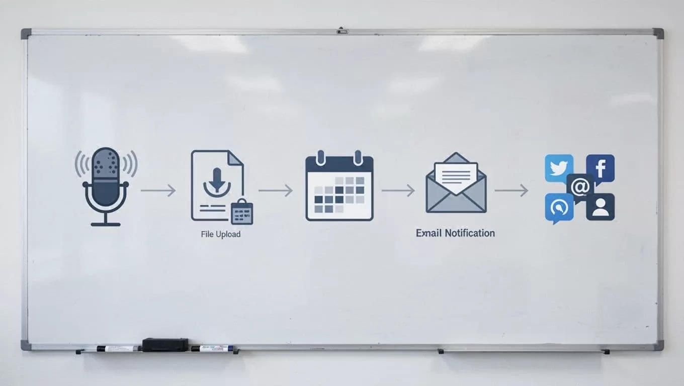 Icon flowchart on whiteboard shows podcast process from microphone recording through upload, calendar, email to social media posts.