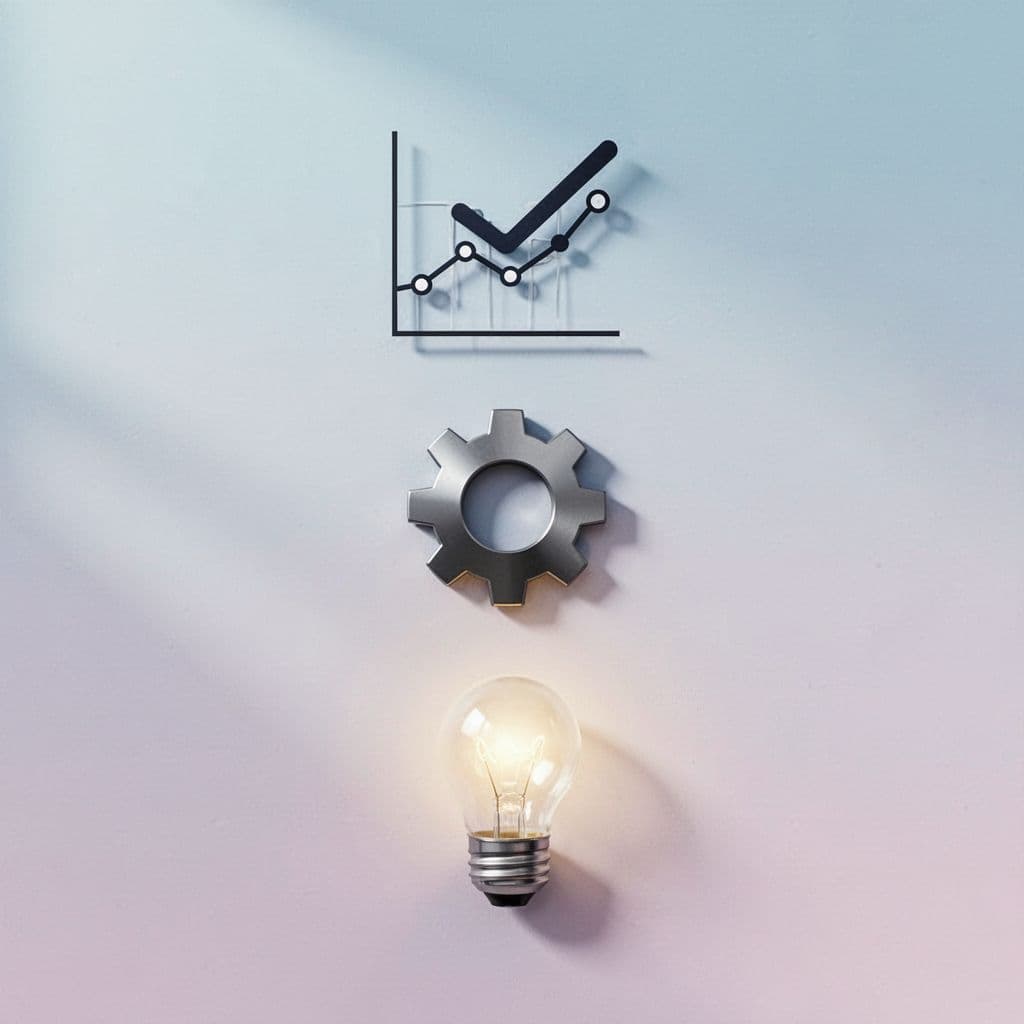 Simple icons of checkmark on analytics graph, gear, and lightbulb in checklist layout on subtle background.