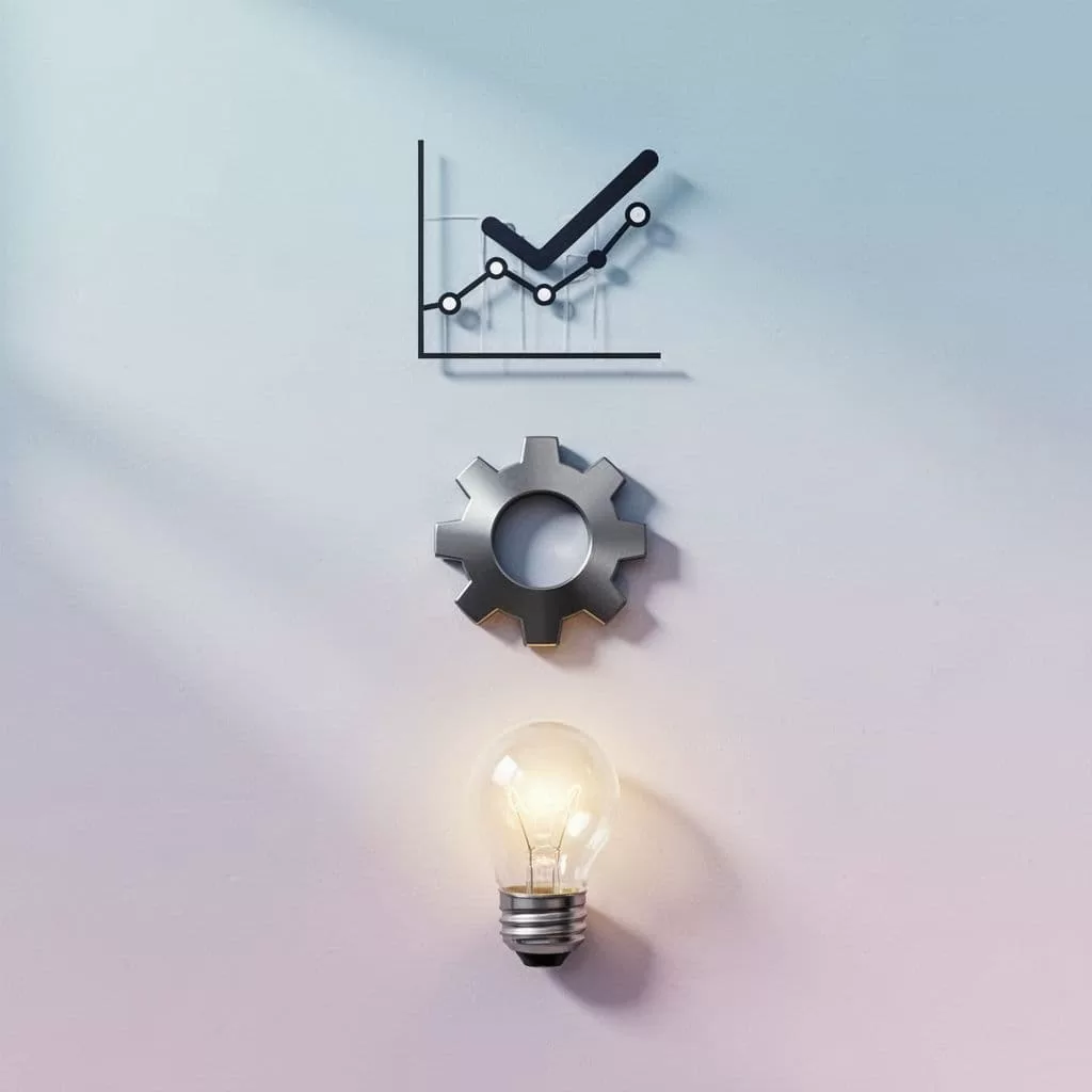 Simple icons of checkmark on analytics graph, gear, and lightbulb in checklist layout on subtle background.