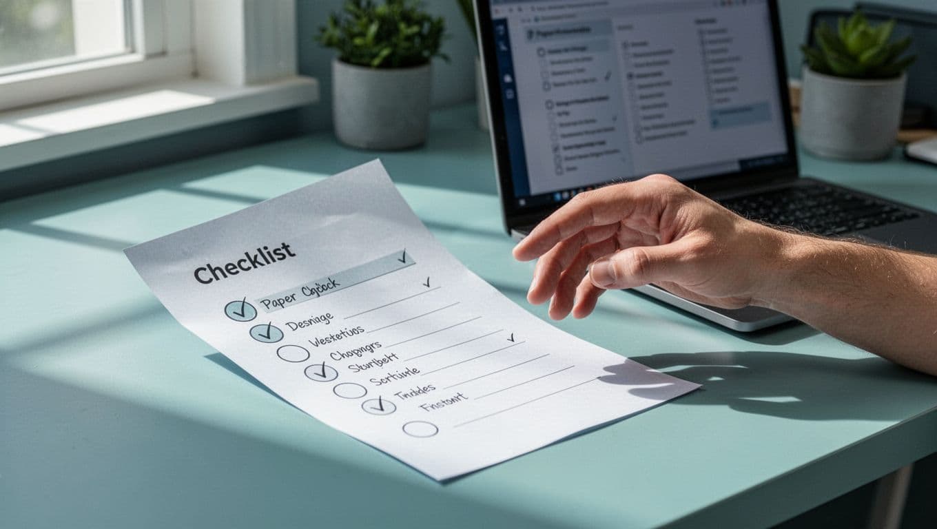 Paper checklist with checkmarks and podcast icons beside computer, relaxed hand nearby.