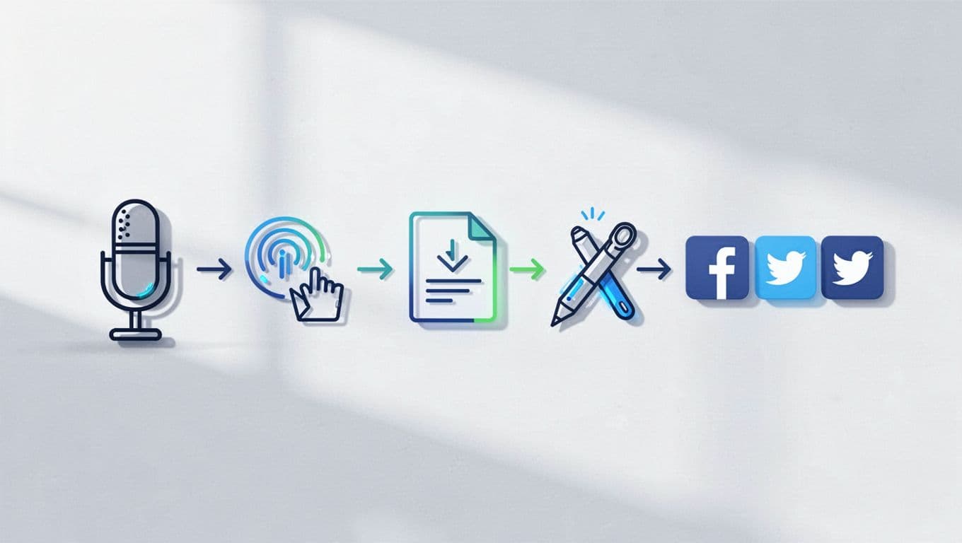 Modern illustration of step-by-step icons showing podcast workflow: microphone to Transistor.fm upload, export to Opus Clip, then to social media like TikTok, Instagram, and YouTube.