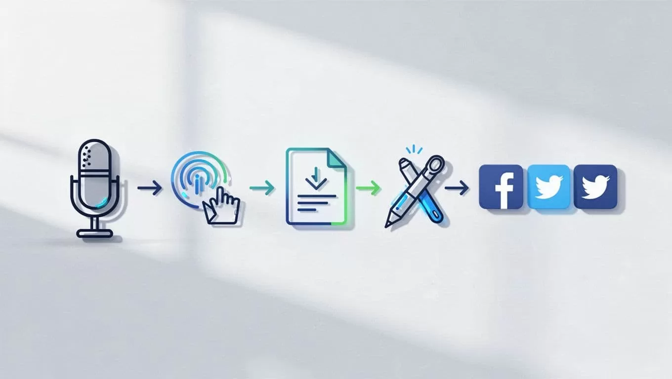 Modern illustration of step-by-step icons showing podcast workflow: microphone to Transistor.fm upload, export to Opus Clip, then to social media like TikTok, Instagram, and YouTube.