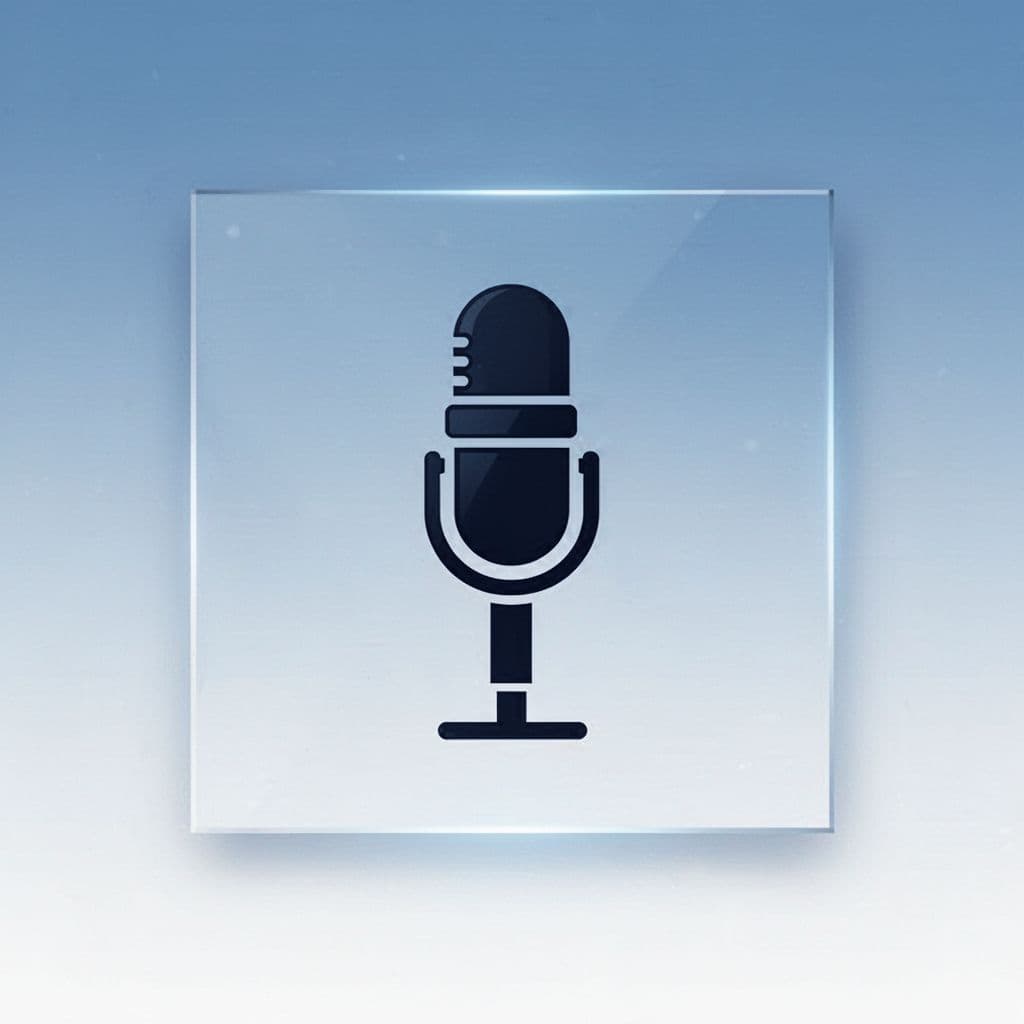 Square cover art with bold central microphone on subtle blue gradient background.