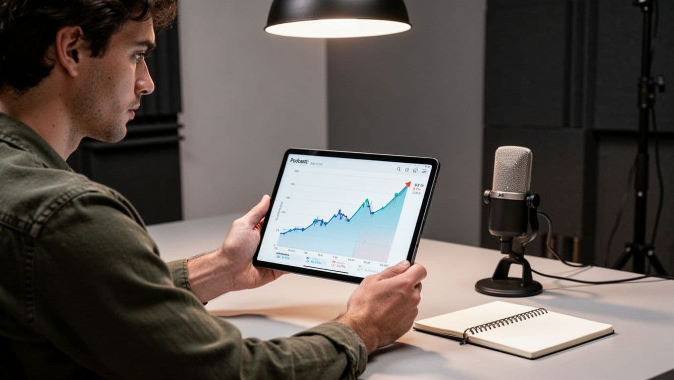 Content creator in modern studio examines upward-trending podcast analytics graph on tablet, with microphone and notebook nearby.