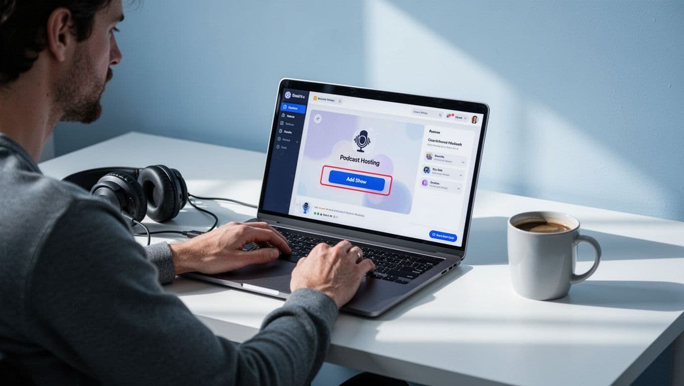 Podcast creator at clean desk with laptop showing Transistor.fm dashboard, add show button and private option selected, headphones and coffee mug nearby.