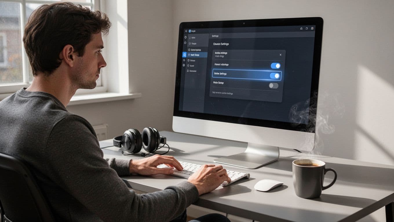 Modern illustration of a podcast dashboard interface on a computer screen displaying a settings panel with the Hidden Feed toggle switched on. A single person views the screen at a clean desk setup featuring headphones and a coffee mug, in landscape view with soft natural lighting and strong composition.