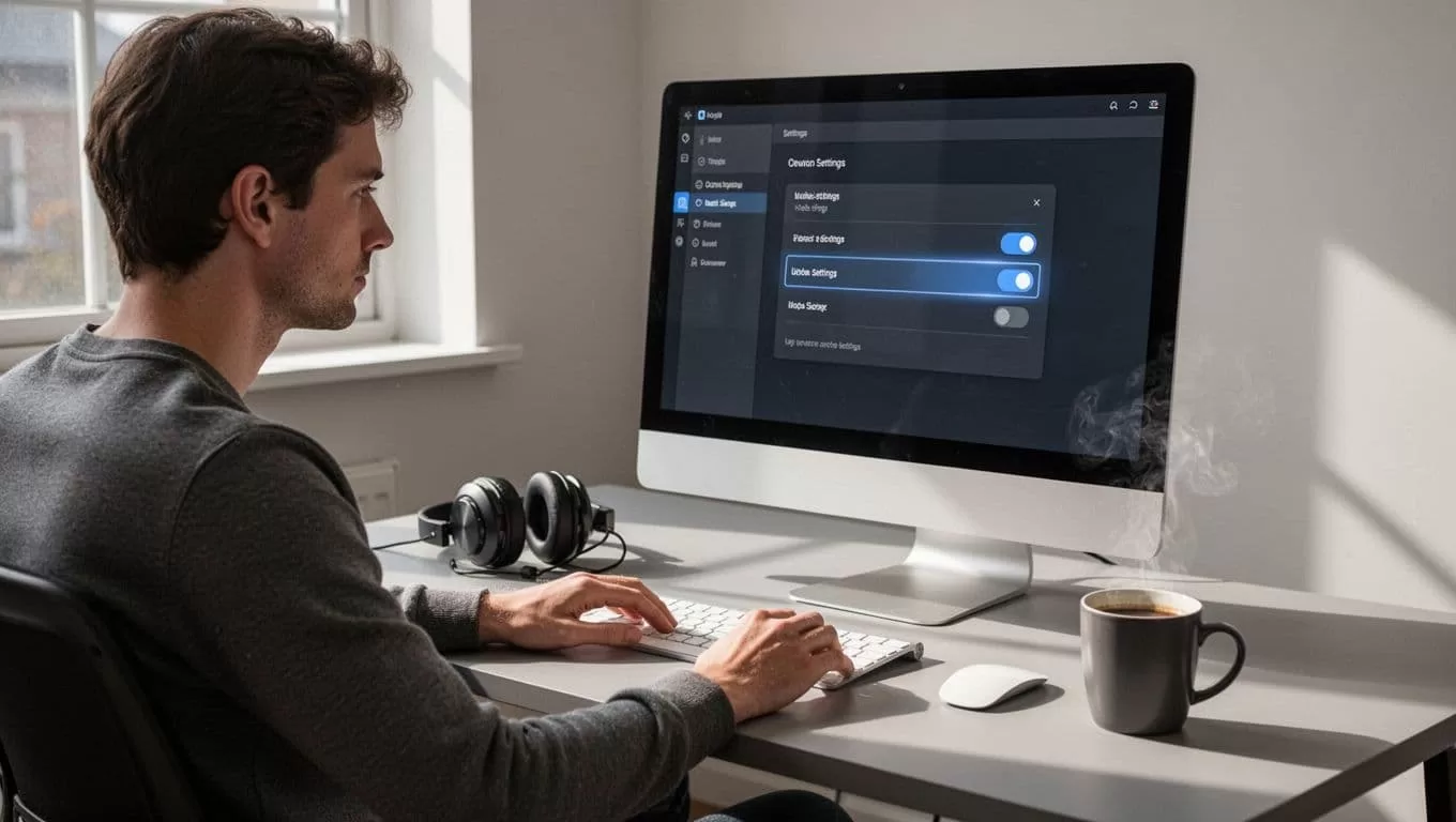 Modern illustration of a podcast dashboard interface on a computer screen displaying a settings panel with the Hidden Feed toggle switched on. A single person views the screen at a clean desk setup featuring headphones and a coffee mug, in landscape view with soft natural lighting and strong composition.