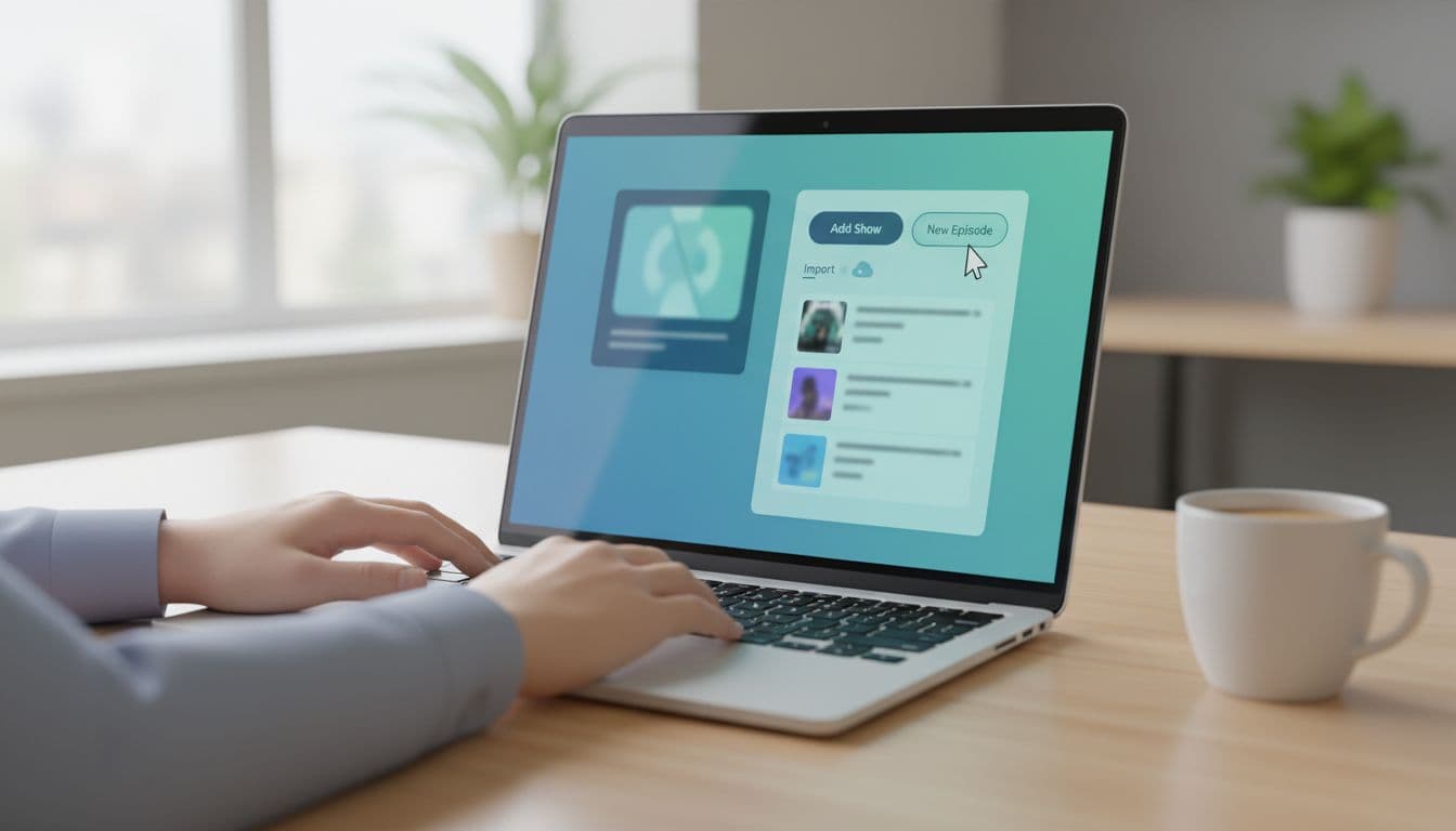 Angled laptop screen shows blurred podcast dashboard with cursor over import option, simple list below, in clean office with coffee mug.