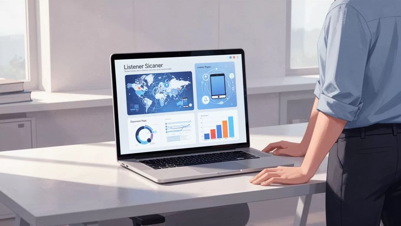 Laptop on clean desk displays podcast dashboard with listener maps, device icons, and charts; side view of one person.
