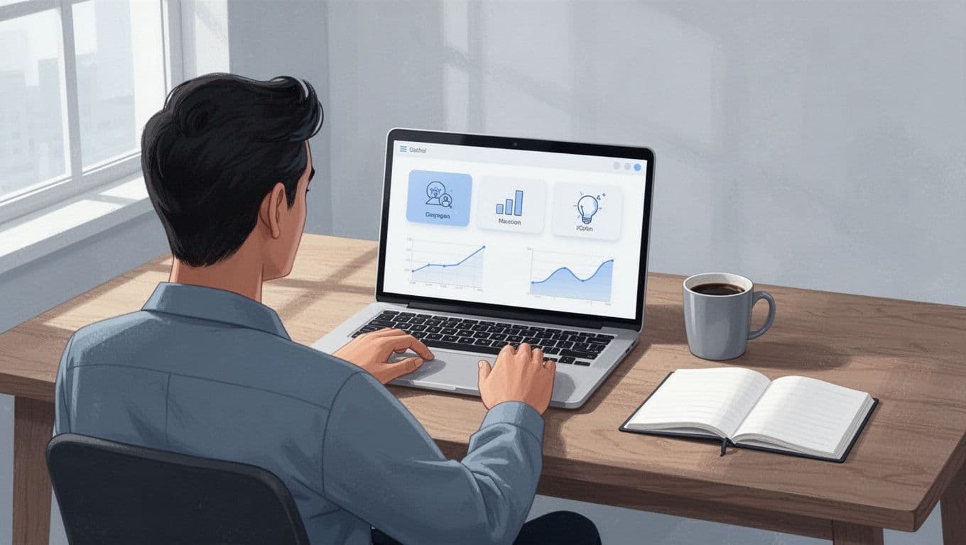 Modern illustration of a laptop on a wooden desk displaying a clean dashboard with three podcast icons and analytics charts, viewed from behind by one person, with coffee mug and notebook nearby in soft blues, grays, and whites.