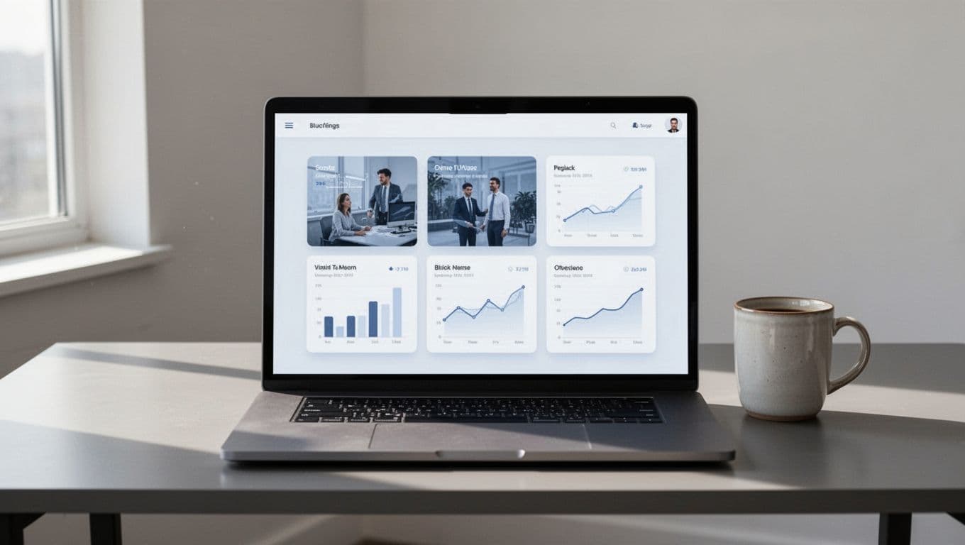Illustration of a podcast dashboard showing thumbnails and stats for three different podcast shows like tech interviews, business tips, and marketing strategies arranged in a grid on a computer screen centered on a modern desk with coffee mug nearby.