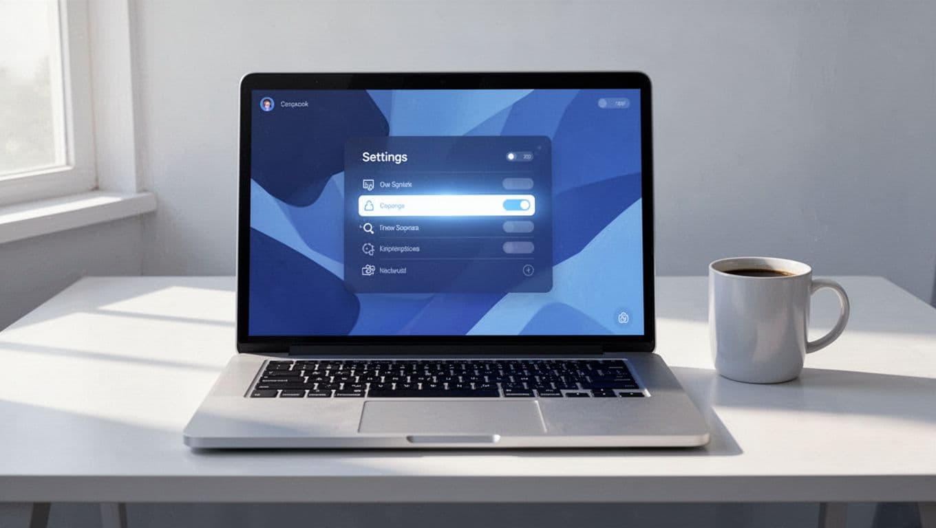 Laptop on clean desk shows podcast dashboard with RSS feed settings open, private option highlighted, coffee mug nearby.