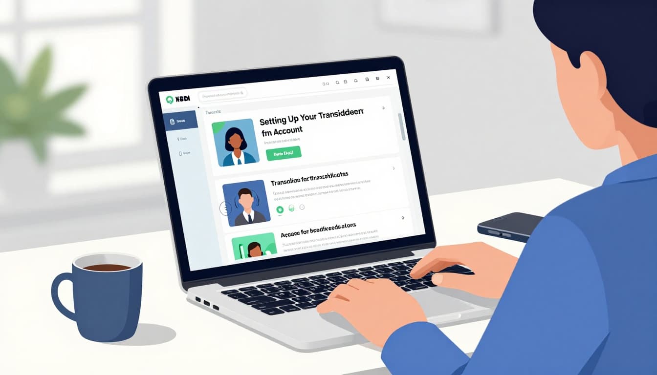 Modern illustration of a business professional at a clean desk with laptop showing simple podcast dashboard interface, headphones and coffee mug nearby in home office, blue-green palette, natural lighting.