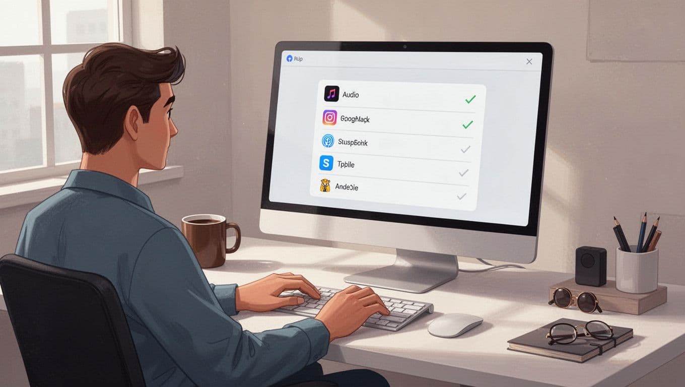 Person at desk views simple web app screen showing checked podcast platforms like Spotify.