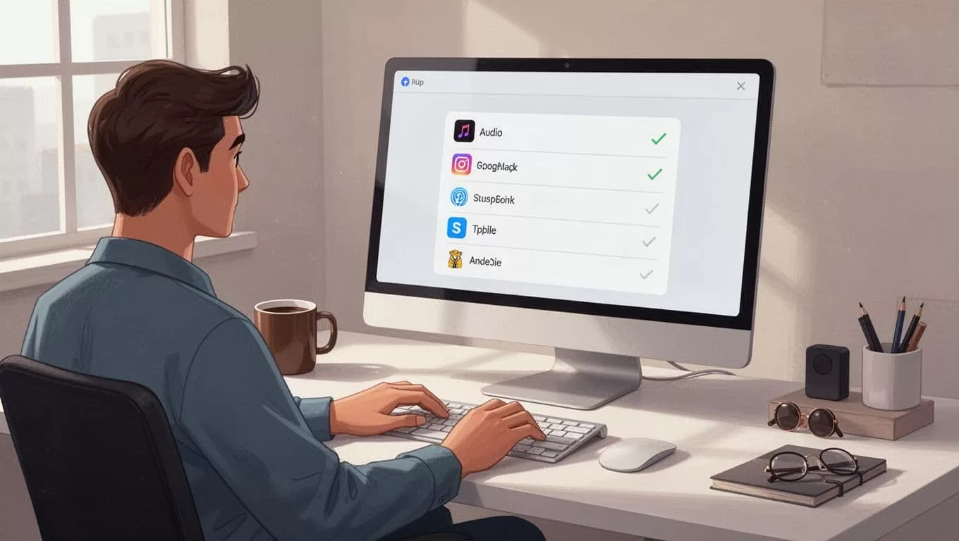 Person at desk views simple web app screen showing checked podcast platforms like Spotify.