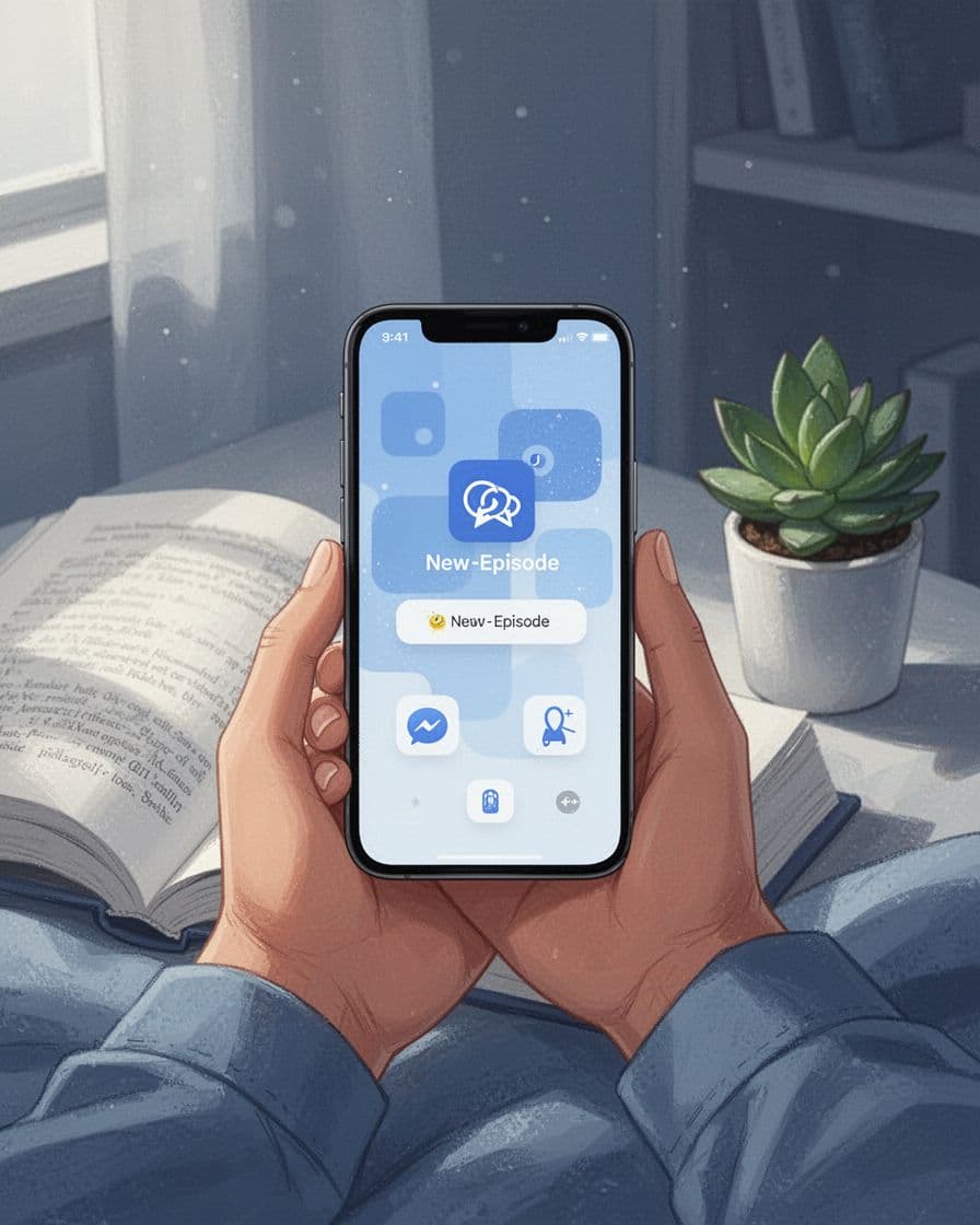 Hand holds smartphone showing podcast email with embedded player in cozy reading nook with book and plant.