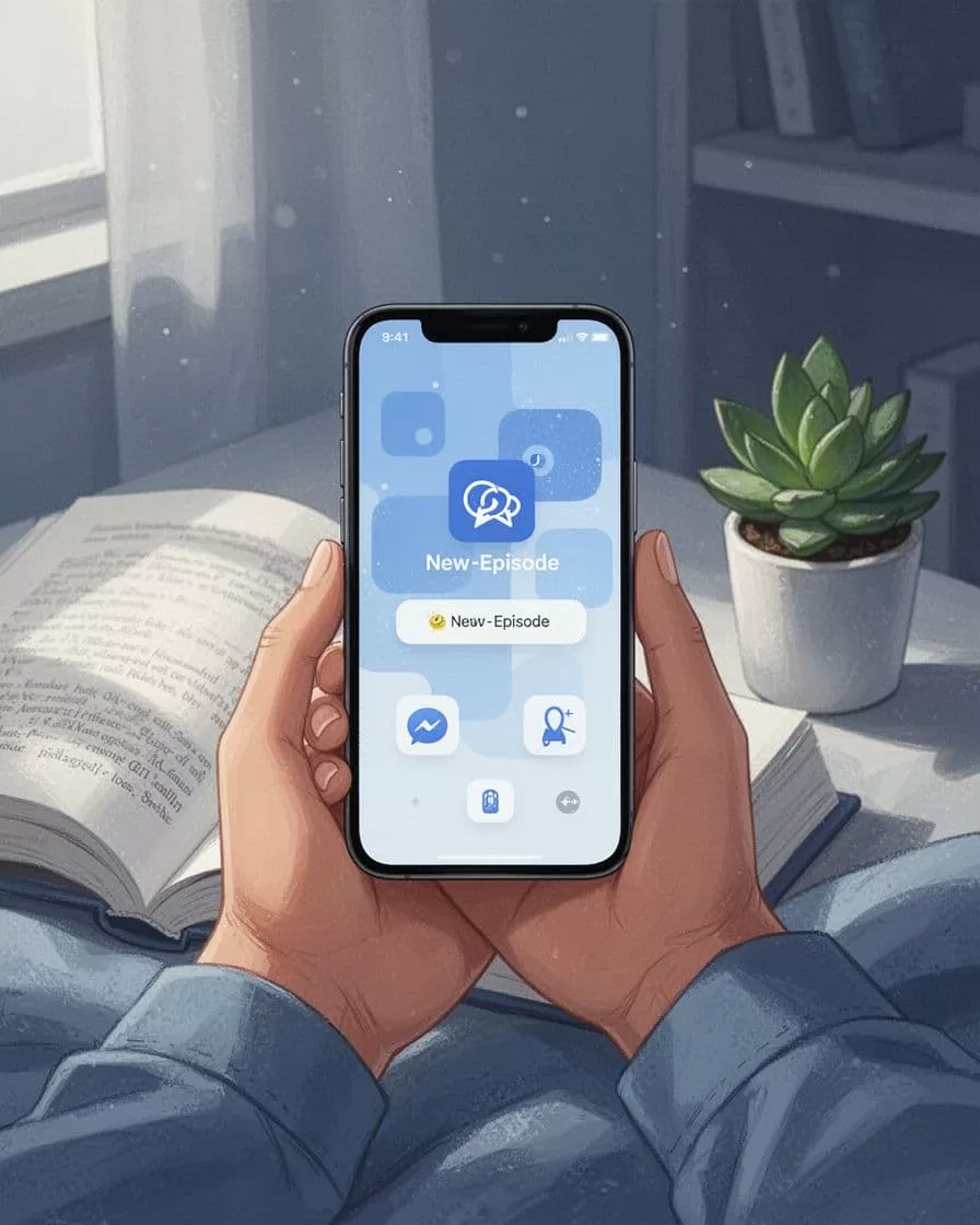 Hand holds smartphone showing podcast email with embedded player in cozy reading nook with book and plant.
