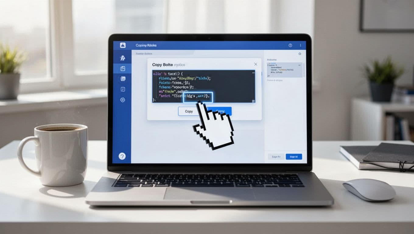 Laptop screen shows podcast dashboard with highlighted embed code snippet and cursor over copy button, coffee mug nearby on desk.