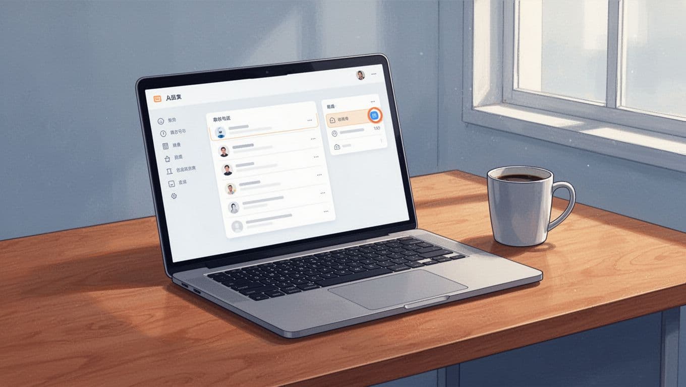 Laptop on wooden desk shows blurred podcast dashboard with embed menu open next to episode, coffee mug nearby.