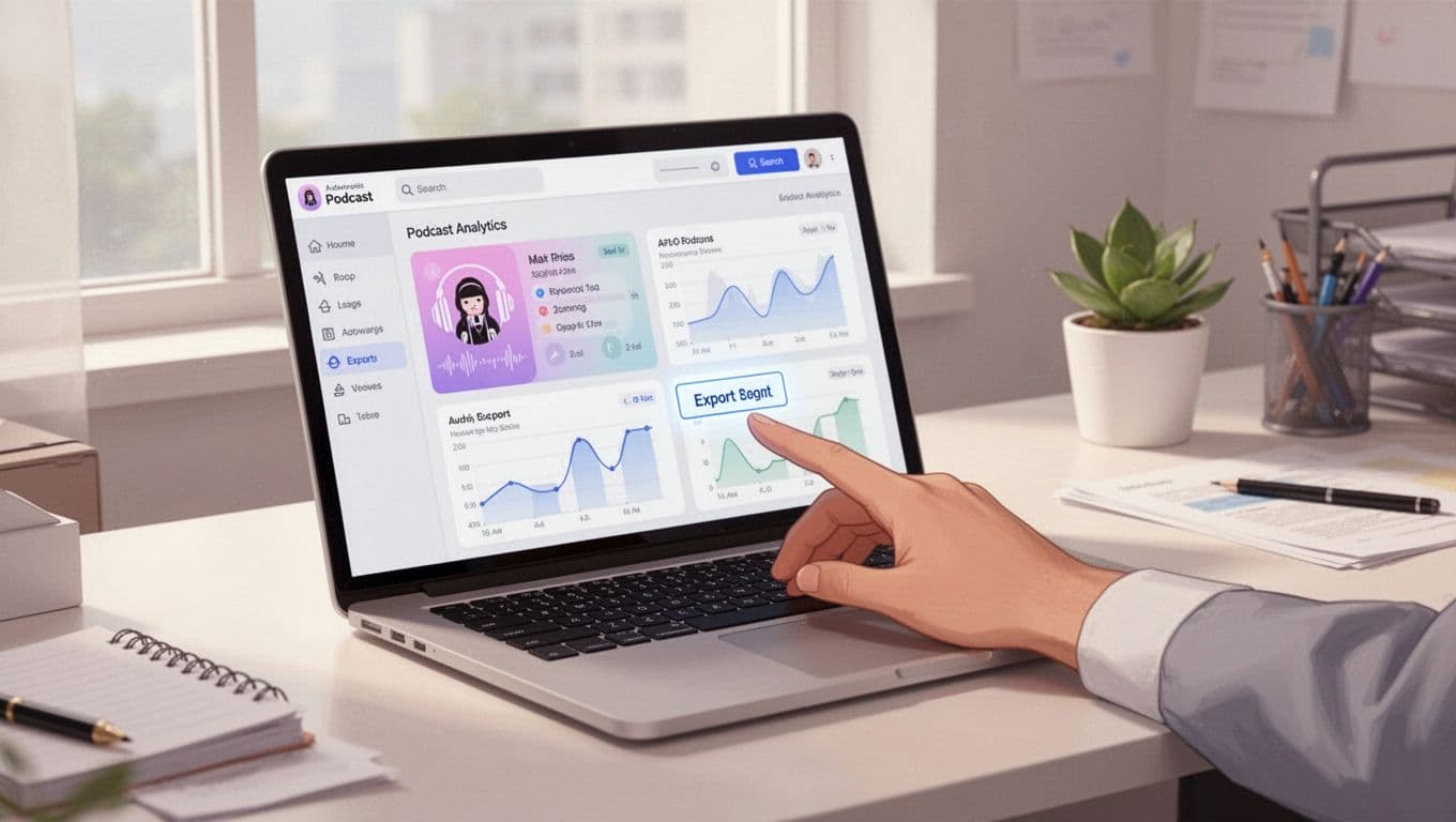 Hand clicks export button on laptop displaying podcast analytics interface with episode list in office setting.