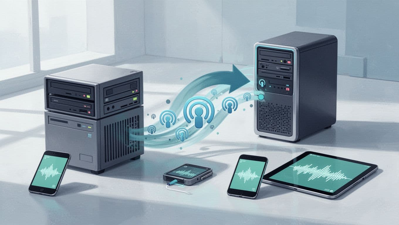 Curved arrow redirects audio streams from Libsyn server icon to Transistor server icon, with connected phones and apps.