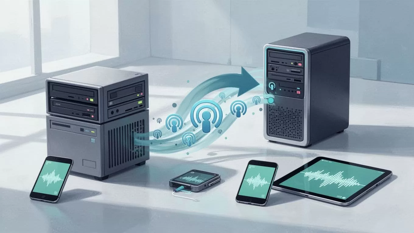 Curved arrow redirects audio streams from Libsyn server icon to Transistor server icon, with connected phones and apps.
