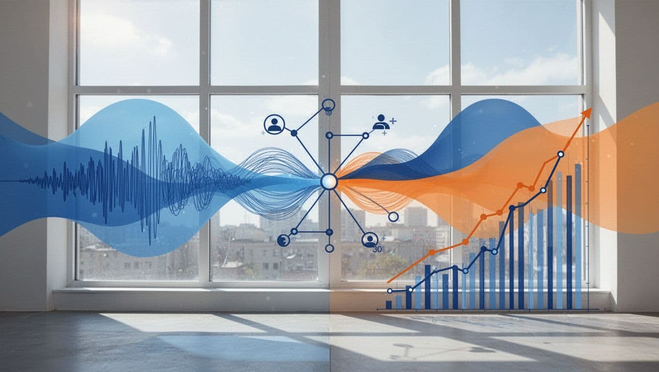 Split scene with two podcast feeds merging via arrows, rising listener charts, and connecting network graph against bright window background.