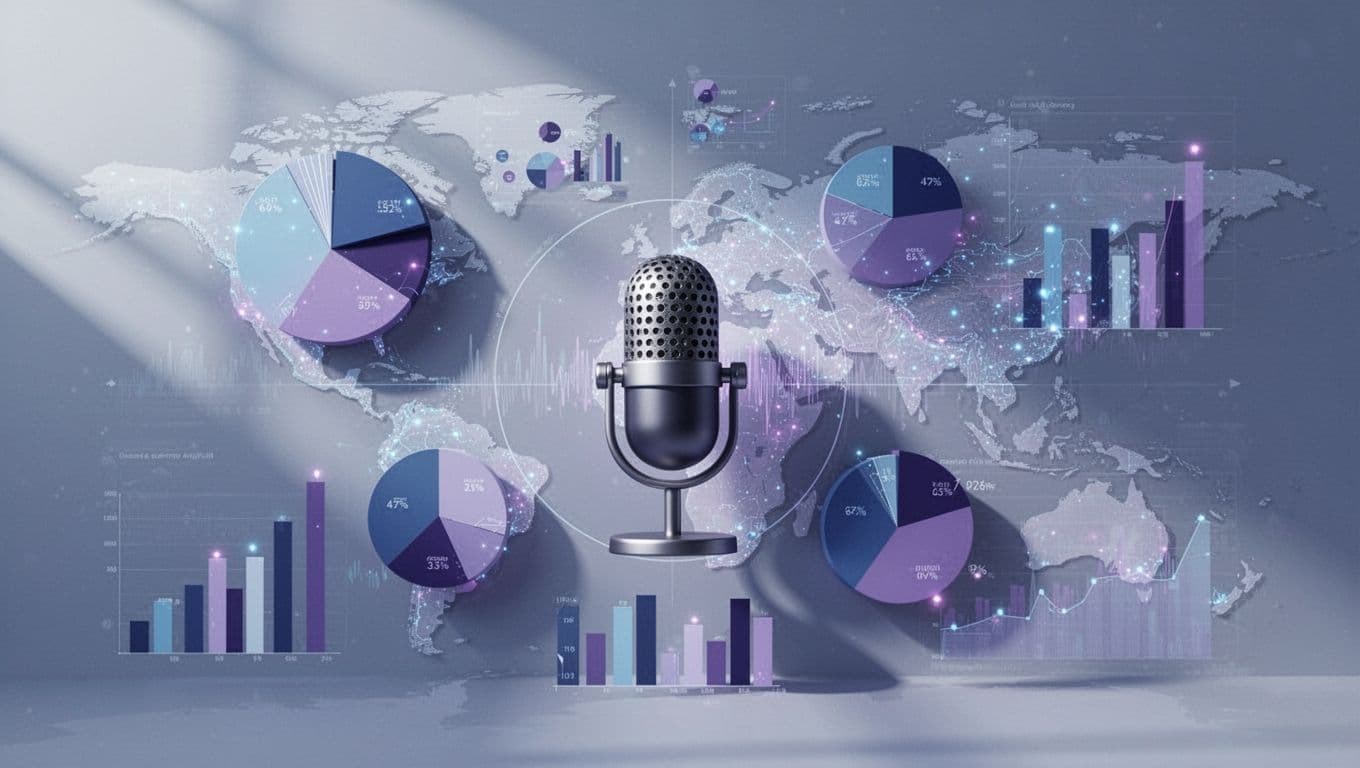 Clean dashboard with abstract pie charts, bar graphs, world map outlines, and central podcast microphone icon in blue-purple tones.